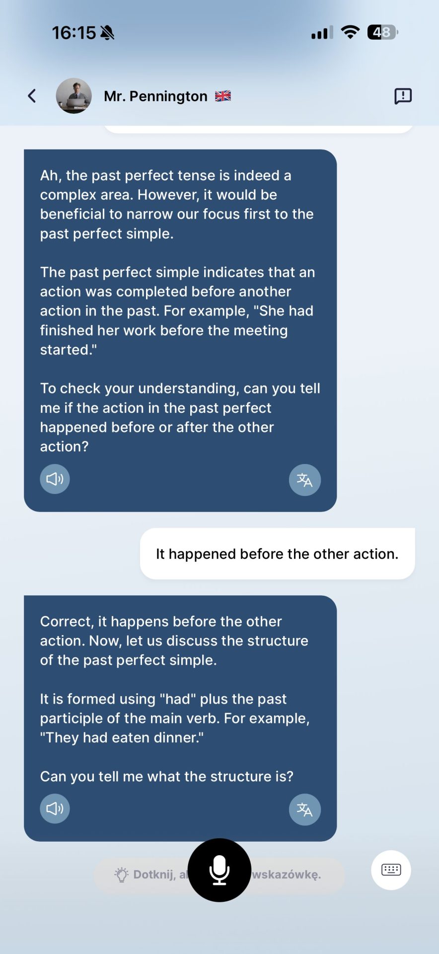 Ekran aplikacji CAI Language Coach z praktyką językową AI