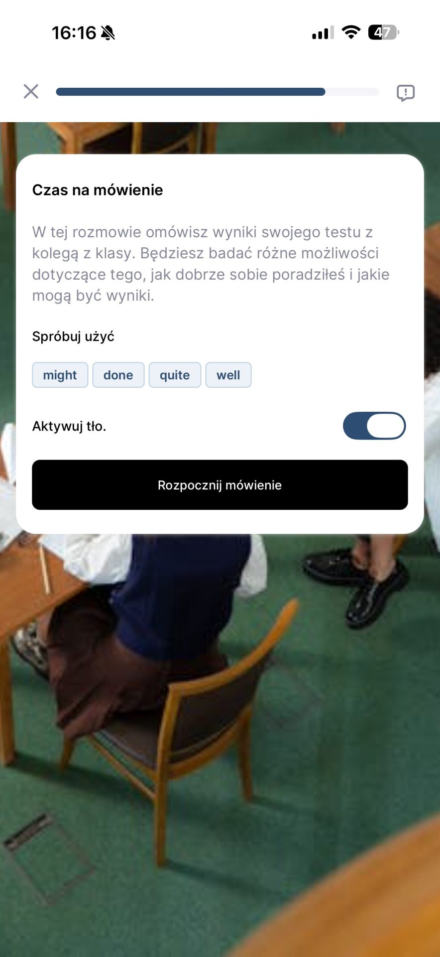 Ekran aplikacji CAI Language Coach z zadaniami i postępami